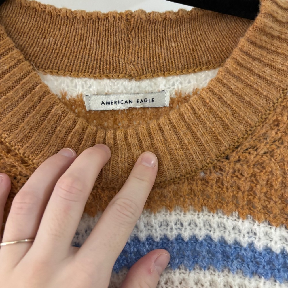 American Eagle Striped Waffle Chunky Thick Knit Sweater Brown Blue White Women's - Picture 3 of 5